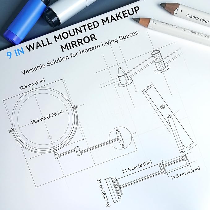 9'' 30X/1X Wall Mounted Lighted Makeup Mirror, 5000mAh Rechargeable Double-Sided Magnifying Mirror with Light, Vanity Mirror Touch Dimmable 3 Colors 360° Rotation Extended Foldable Arm, Power Adapter