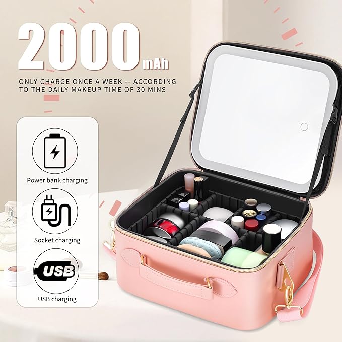 ZhenGuiRu Travel Makeup Bag Cosmetic Organizer Bag with Lighted Mirror, Waterproof Makeup Bag with Light Up Mirror, Travel Makeup Case for Cosmetic Brush Holder Storage, Large Toiletry Bag Women Gift