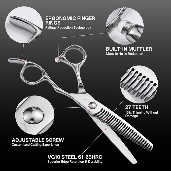 6.1” Professional Hair Thinning Shears, VG10 Stainless Steel, 27-Tooth Texturizing Scissors, 15% Thinning Rate, Ergonomic Offset Handle, for Barbers & Hairdressers