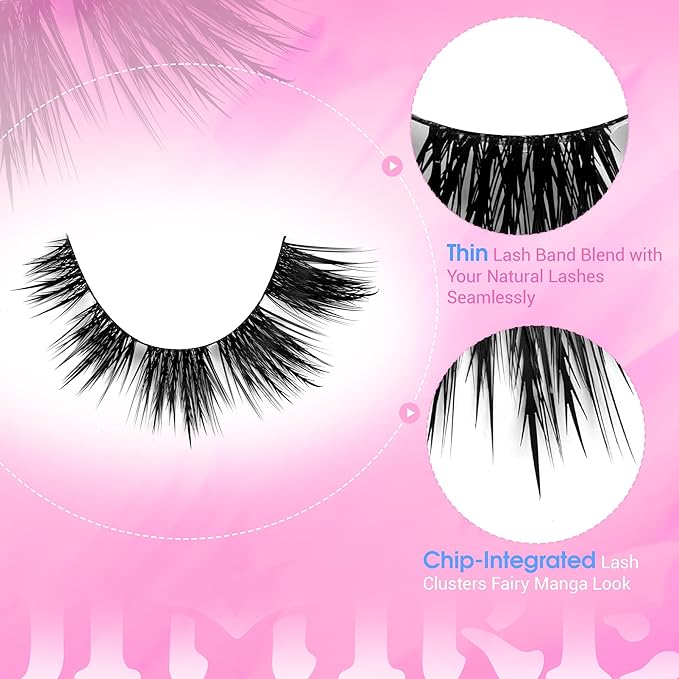 JIMIRE False Eyelashes Natural Look Wispy Lash Clusters Manga Cat Eye Lashes 15MM Mink Lashes Fluffy Russian D Curly Strip Lashes Look Like Lash Extensions Pestañas 7 Pairs Pack