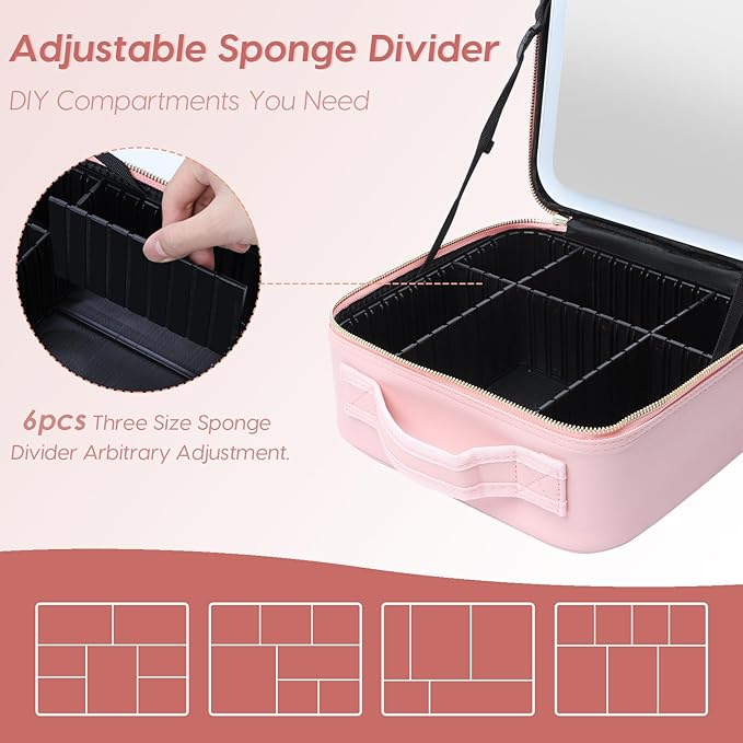 Gdsshuhung Makeup Bag with Mirror | Partitionable Professional Makeup Organizer | Large Travel Makeup Bag for Women | Cosmetic Case for Daily & On-the-Go Use (Pink)