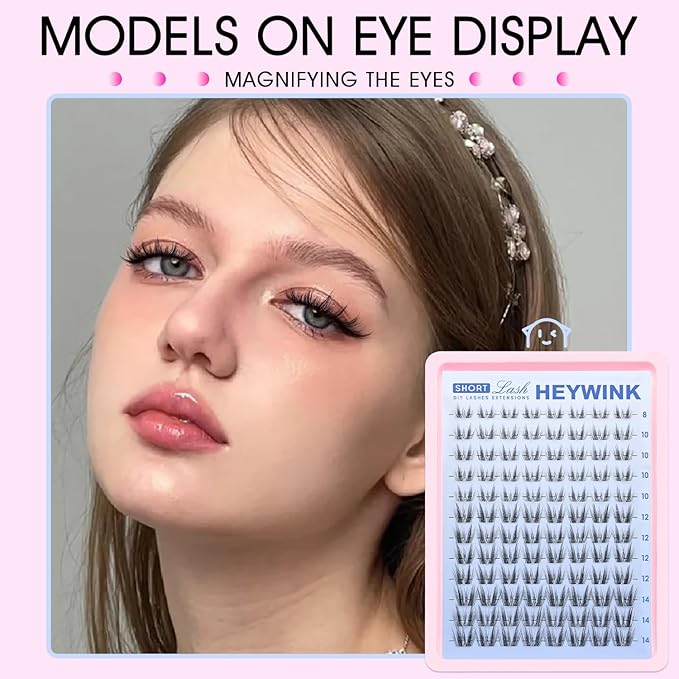 Freya Lash Clusters Kit Short 8-14mm Wispy Eyelash Clusters DIY Eyelash Extension Kit Spiky Cat Eye Lashes Individual Fake Eyelashes Clusters with 0.05mm Thin Invisible Lash Band(Freya Short Kit)
