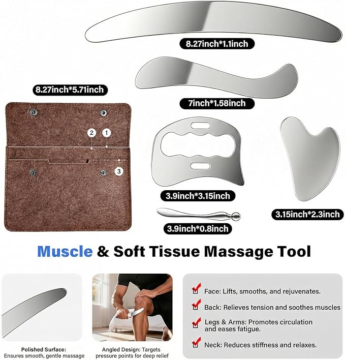 5 in 1 Muscle Scraper Tools Kit - Stainless Steel Gua Sha Massage Tools for Physical Therapy, Derma Edge Scraping for Face & Body, 5 PCS Guasha Set for Deep Tissue & Relaxation（5 PCS） (Brown)
