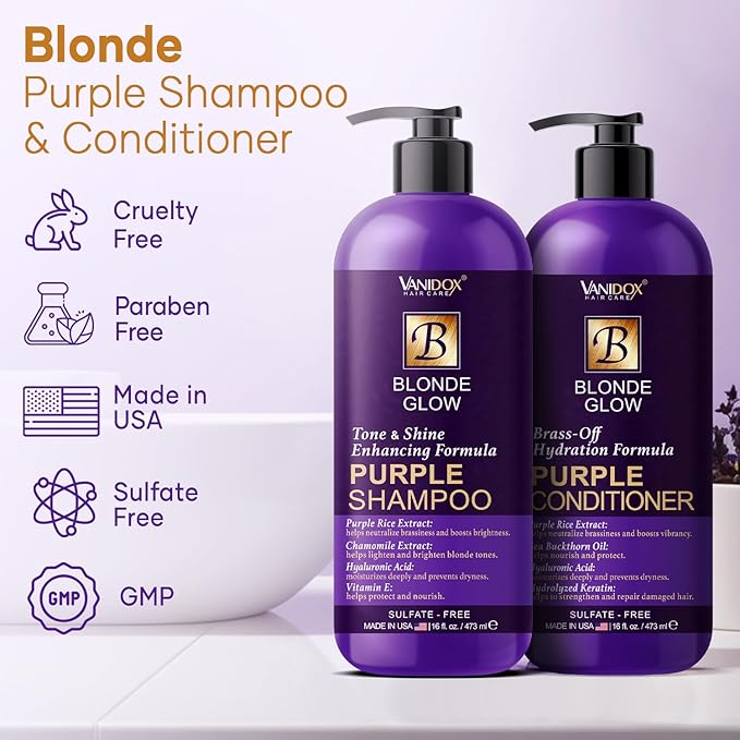 VANIDOX Sulfate Free Brass Toning Purple Shampoo and Conditioner Set for Blondes, Brown Highlighted, or Bleached Hair, Shampoo for Blondes Infused with Purple Rice Extract (16 fl oz each)