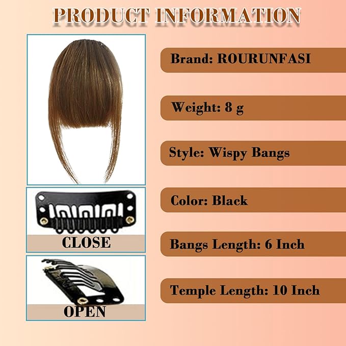 Clip on Wispy Bangs-Real Human Hair Clip in Bangs Hairpieces Medium Brown Fake Air Bangs Fringe with Temples Bangs Hair Clip Extensions