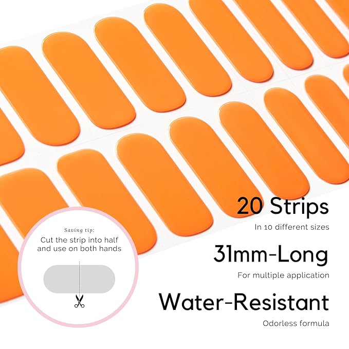 Semi Cured Gel Nail Strips - NAILOG 20 Pcs Orange Gel Nail Stickers Extra Long Nail Wraps with Glossy Gel Finishing for Spring Summer, Orange Bomb