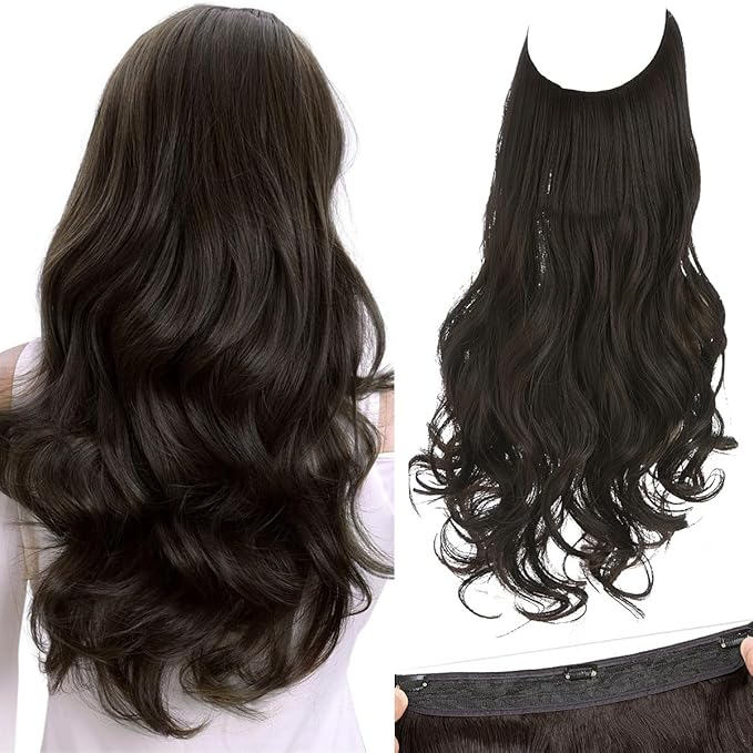 SARLA Invisible Wire Hair Extensions with 3 Clips Long Synthetic Wavy Curly Hairpiece Adjustable Transparent Headband for Women 18 Inch Black Brown