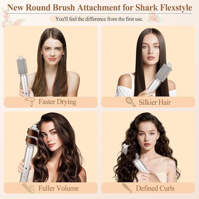 Upgraded Round Volumizing Brush for Shark Flex Style Attachment, Round Brush Compatible with Shark Flexstyle, Optimized Bristles for Smooth Styling Adds Volume Curls for All Hair Types