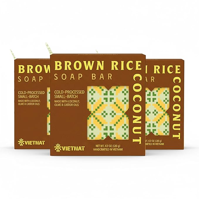 VIETNAT Brown Rice & Coconut Soap Bar (Pack of 3) – 2-in-1 Exfoliating & Nourishing, Cold Process Handmade Soap with Rice Bran & Coconut Milk, Gentle Daily Body Bar