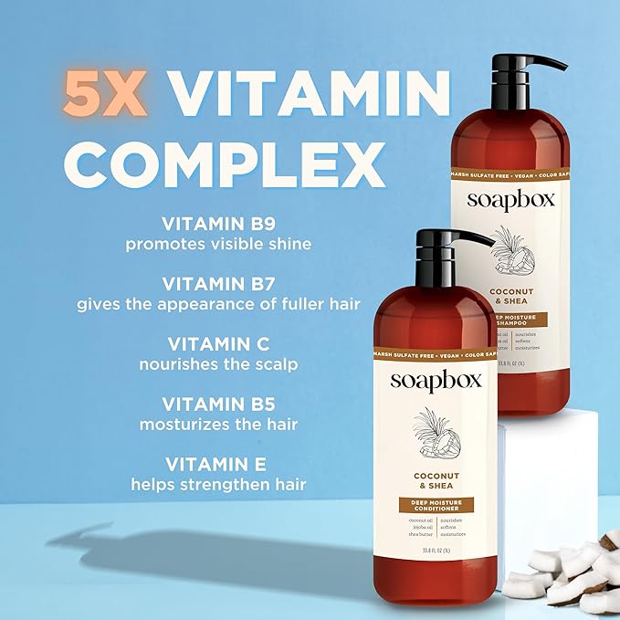 Soapbox Shampoo and Conditioner Set with Coconut Oil, Jojoba Oil, Aloe and Shea Butter to Moisturize and Nourish for All Hair Types, 1 Liter Each (Pack of 2)