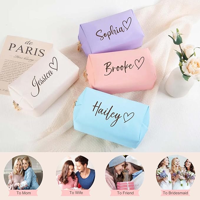 Fincekoom Valentines Day Gifts for Her Teen Girls, Personalized Makeup Bag with Name & Birth Flower, Custom Leather Cosmetic Bags for Women, Customized Travel Toiletry Bag Gifts for Bridesmaid Wedding