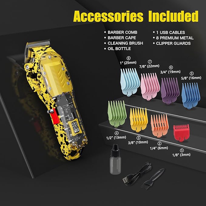 Professional Hair Clippers for Men, Cordless Barber kit for Hair Cutting & Grooming, Hair Clippers Set for Barber Haircut with LED Display 8 Fade Taper Combs(Yellow)