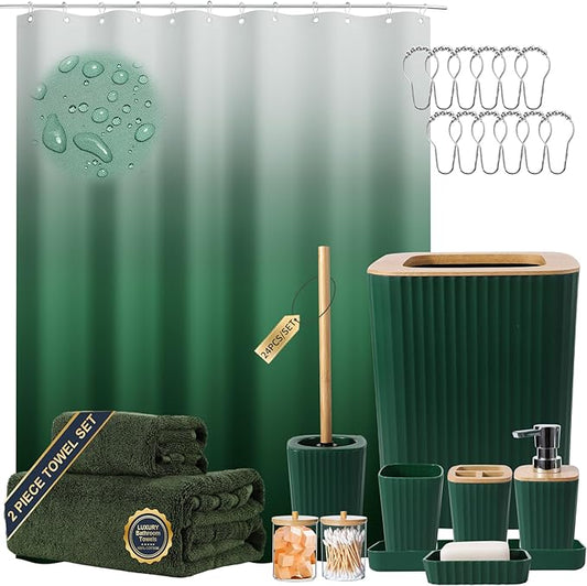XLHOMO Dark Green Bathroom Set - Green Bathroom Accessories Set, 24PCS Bathroom Accessory Set with Shower Curtain, Bath Towels, Trash Can, Soap Dispenser, Green Bathroom Accessories for Home