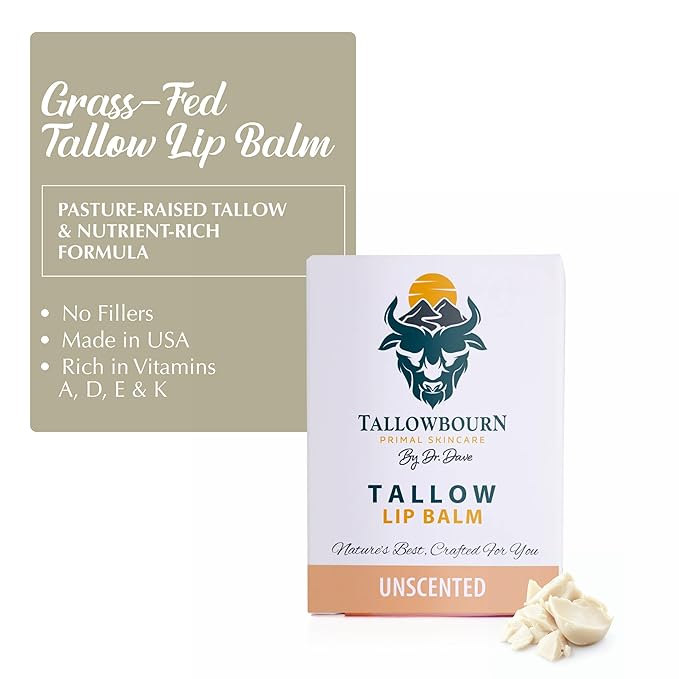 Tallowbourn Moisturizing Tallow Lip Balm – Grass-Fed Beef Tallow with Organic Coconut Oil, Beeswax, and Vitamin E – Unscented Lip Balm Set – Travel Essential - 3-Pack