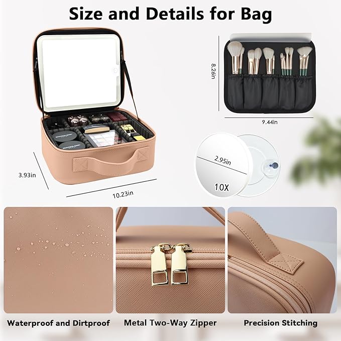SLUMAZI Travel Makeup Bag with LED Mirror and 10x magnifying glass with 3 Lighted Settings, Adjustable Dividers and Makeup Brush Storage Bag Khaki