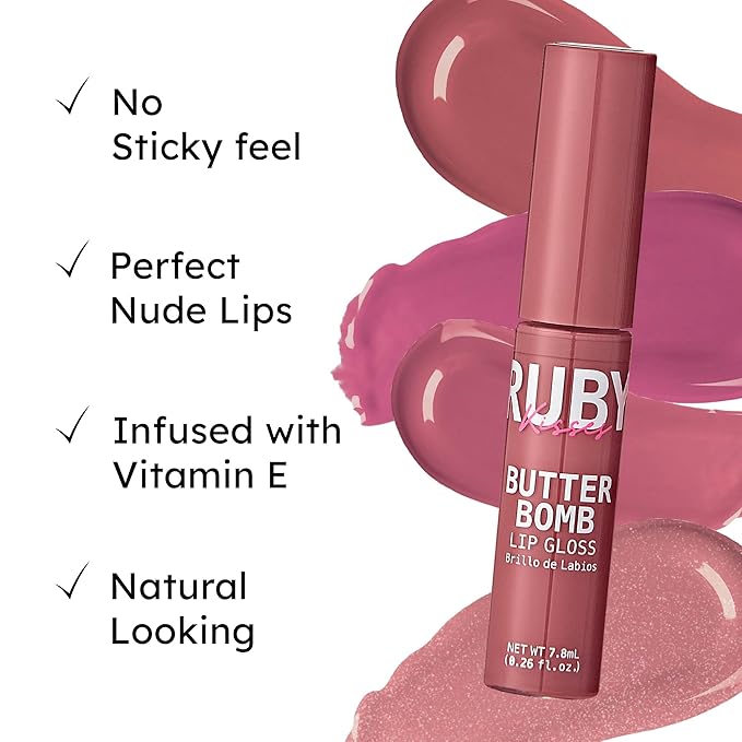 Ruby Kisses Lip Gloss Butter Bomb Gloss Non-Sticky Lip Gloss Vitamin E Natural Nude Lip Makeup - 7.8mL (0.26 US fl.oz) (Flirty)