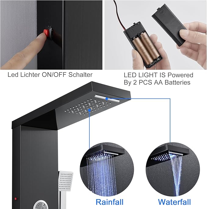 TSIBOMU Multi-Function LED Lights Shower Panel System Black, 5 in 1 Shower Panel Include Rainfall & Waterfall Shower Head, 3 Pcs Adjustable Massage Jets, Handheld Shower, Tub Spout
