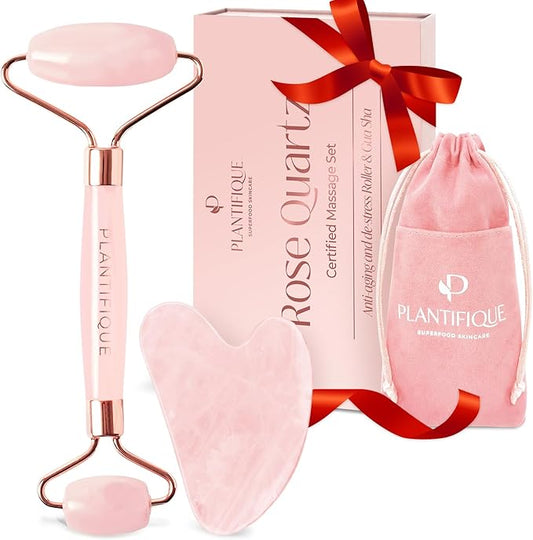 PLANTIFIQUE Face Roller and Gua Sha Rose Quartz Certified | Gifts | Guasha Tool for Face | Jawline Shaper | Your Skin Care Routine