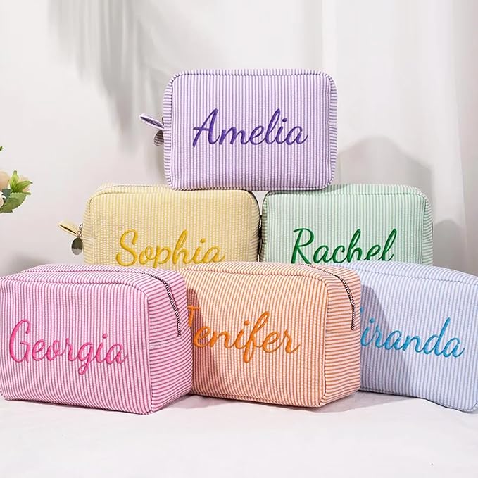 Yofair Personalized Makeup Bag with Name, Large Capacity Travel Toiletry Case Teen Girl Gift Trendy Stufff Custom Seersucker Cosmetic Bags Wedding Birthday Gifts for Girls Women