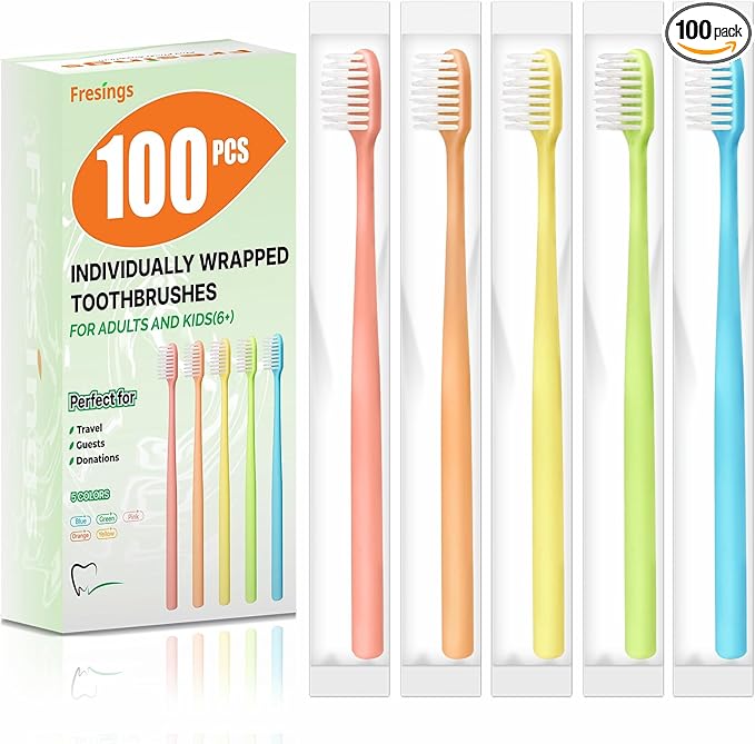 100 Pack Disposable Toothbrushes Bulk – Individually Wrapped Soft Bristles Single Use for Adults & Kids, Travel Hotel Guest Dental Office Donation Emergency Hygiene,Minimalist Design 5 Colors