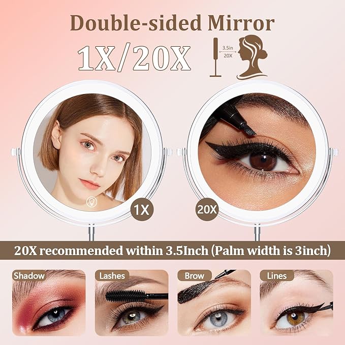 Unimiro 9inch Wall Mounted Makeup Mirror with Light, 1x/20x 5000mAh Rechargeable Magnifying Mirror with Light, 360° Rotate Bathroom Mirror with Lights, 3 Color, 80 LEDs, Stepless Dimmable