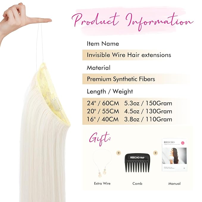 REECHO Invisible Wire Hair Extensions with Transparent Headband Adjustable Size Removable Secure Clips in Straight Secret Hairpiece for Women - 16 Inch,Platinum Blonde