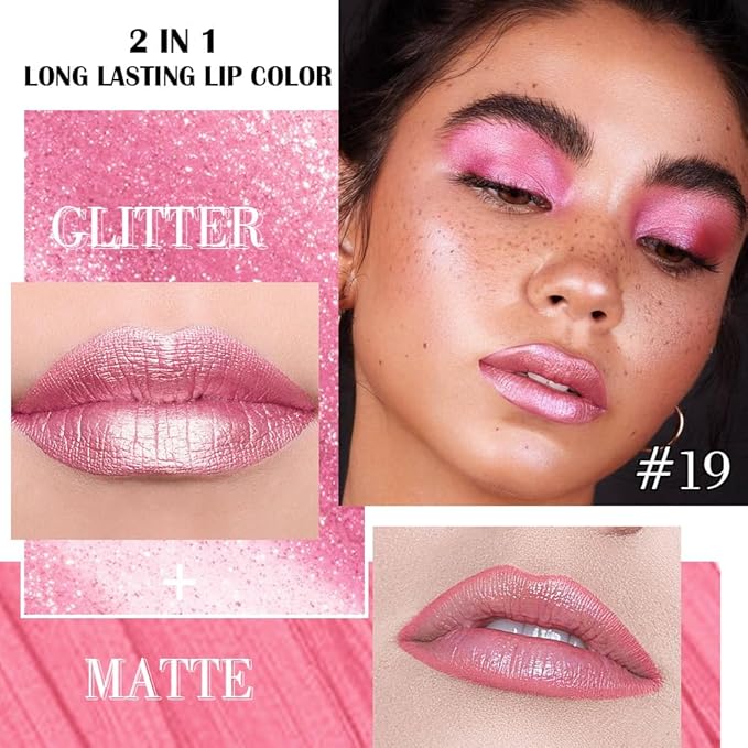 evpct Nude Pink Metallic Glitter Lip Liner and Lipstick Combo Lip Gloss Stain Set Makeup for Women Long Lasting Waterproof 24, Baby Pink Metallic Shimmer Frosted Iridescent Glossy Liquid Lipstick 19