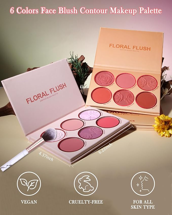 Matte Face Blush Palette with Brush-6 Color High Pigment Mineral Blendable Blusher Contour Powder for Cheeks,Longlasting Facial Beauty Cosmetic,Valentine's Women's Day Makeup Gift for Women-Set 02