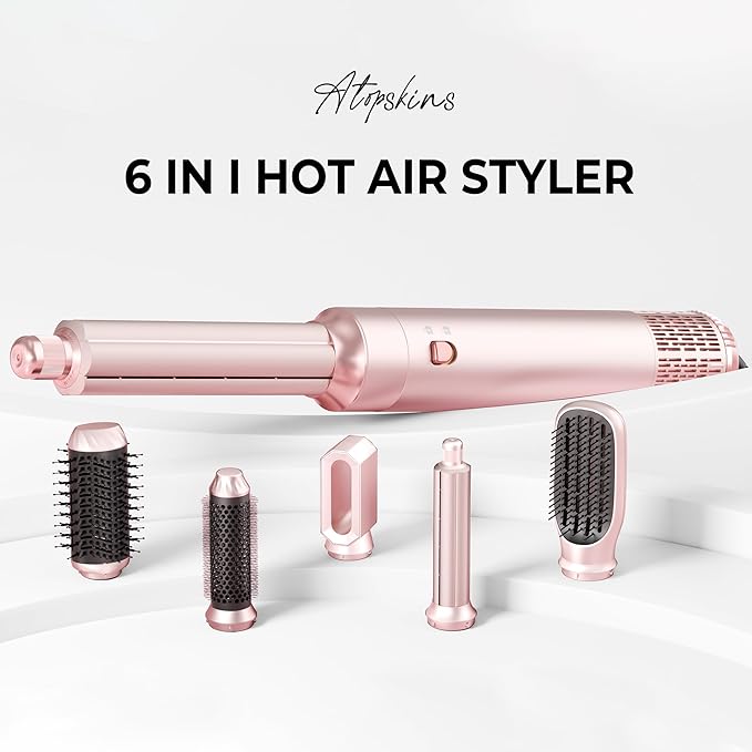 6 in 1 Hair Dryer Brush, Detachable Air Styler, Blow Dryer Brush 3 Heat Settings Frizz-Free Drying, Volumizing, Straightening, Curling for Travel & Home Styling (Pink-A)