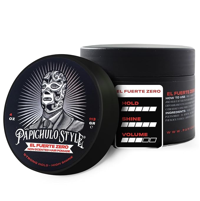 Papichulo Style Deluxe Pomade “El Fuerte Zero” – Strong Hold, High Shine, Adds Volume – Unscented, Water-Based, Flake-Free, Easy Washout, Paraben-Free – Made in USA - 4 oz
