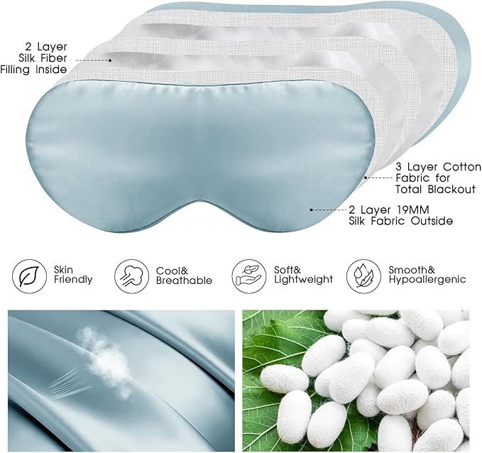 SILKTALE Mulberry Silk Blackout Adjustable Sleep Eye Mask for Men/Women Travel Plane,Pale Blue