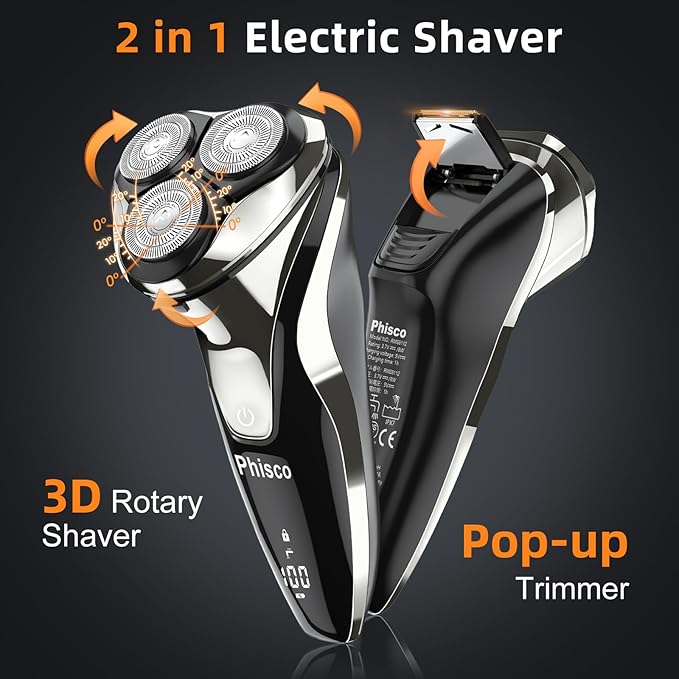 Electric Razor for Men - Phisco Electric Shavers for Man Face, USB Rechargeable, Waterproof Wet Dry Razors with Pop-Up Trimmer, LED Display, Travel Lock