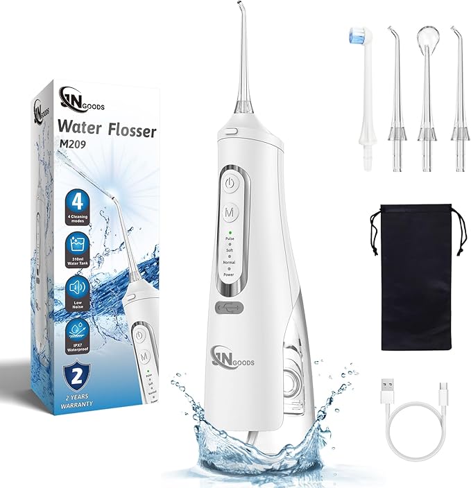 JNGOODS Cordless Water Dental Flosser Oral irrigator,JNGOODS 310ml Rechargeable Water flosser for Teeth IPX7 Waterproof 4 Modes Portable Oral Irrigator with 4 Jet Tips,Travel Home use (White)
