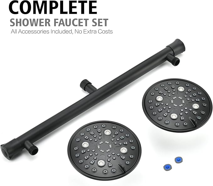sumerain Matte Black Dual Shower Head Set with 20" Long Shower Arm,Enjoy High Pressure 6 Setting Rain Shower Separately or Together