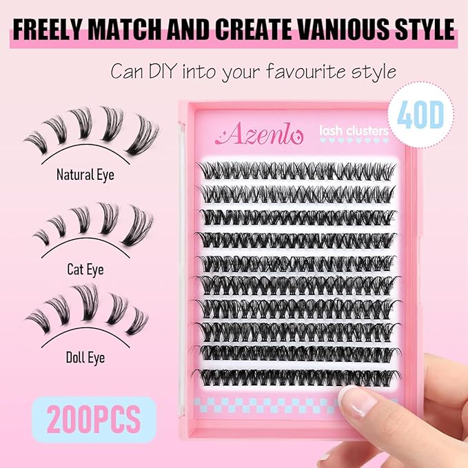 Azenlo Natural Lash Clusters Kit Wispy Eyelash Clusters 120 pcs Cluster Eyelash Extensions C Curl Individual Lashes 10-16 mm Mix Length Natural Look (40D KIT 120 Pcs)