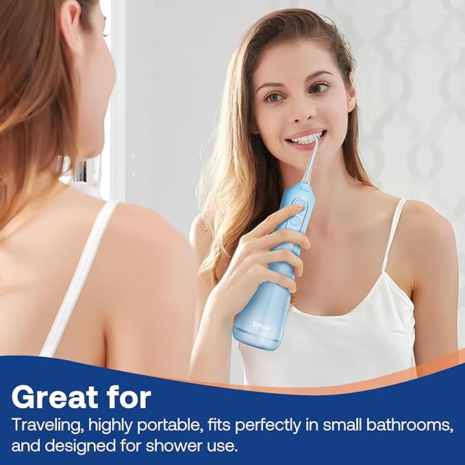 Bitvae C6 Rechargeable Portable Water Flosser, 300ML Water Dental Flosser Pick for Teeth, Gums, Braces, 3 Modes 5 Intensities, Waterproof Cordless Water Flosser for Cleaning, Sky Blue