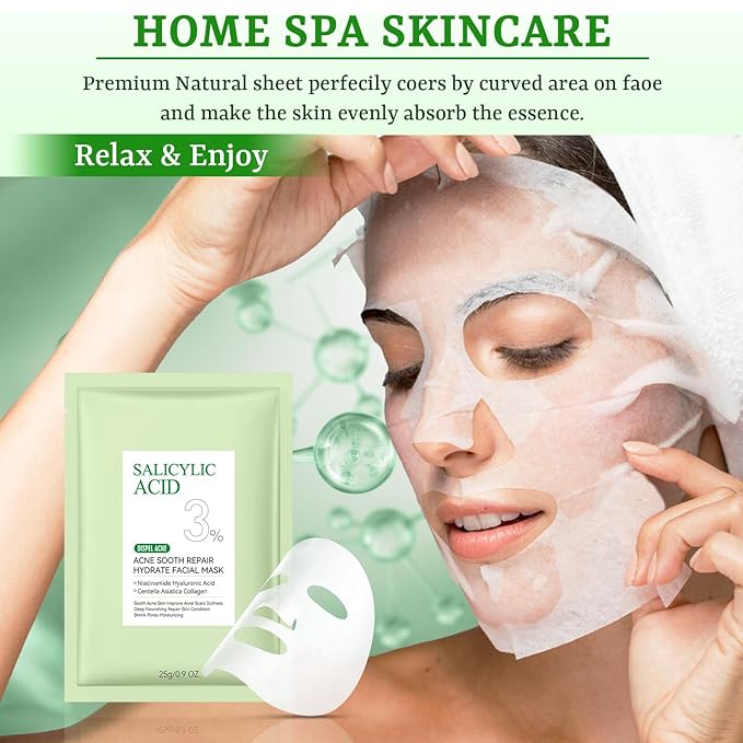 YTRAJU Anti Acne Face Mask Salicylic Acid Face Masks Skincare, Hydrating Face Masks, Soothing Facial Sheet Masks Skin Care for Acne Prone, Acne Mask for Pimple Breakouts Oil Control, 10 Pack