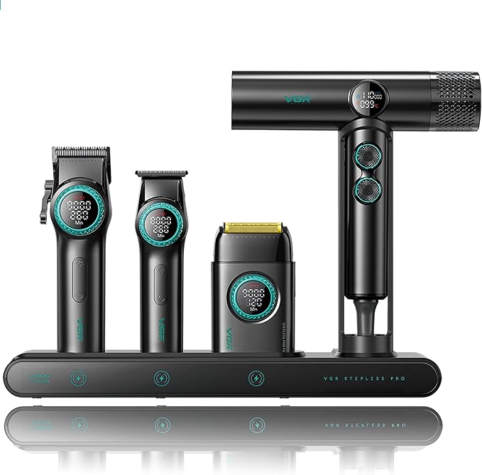 VGR Professional Barber Combo 4 in 1 – Cordless Hair Clipper, Trimmer, Foil Shaver & Powerful Hair Dryer Set for Men, 9000 RPM Motor, Long Battery Life, All-in-One Grooming Kit (Black)