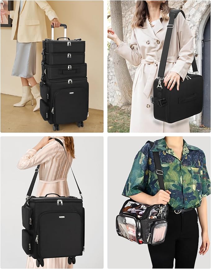 Relavel Rolling Makeup Case, 4 in 1 Hairstylist Traveling Bag with Clear Makeup Brush Case, Cosmetology Case on Wheels Large Hair Tools Cosmetics Train Case Makeup Artist Storage Organizer Trolley