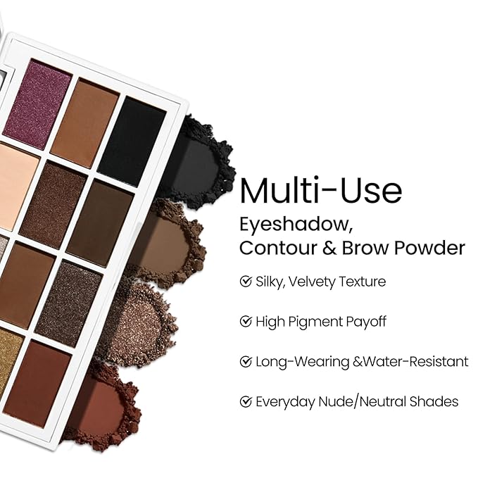 Erinde Brown Black Eyeshadow Palette, 12 Colors Matte Shimmer Beige Champagne Plum Purple Bronzer Brown Black Eye Shadow Palette, Highly Pigmented Long Lasting Waterproof Eyeshadow Pallete, 01