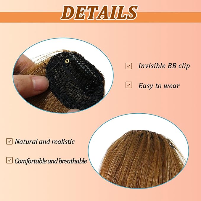 Clip on Wispy Bangs-Real Human Hair Clip in Bangs Hairpieces Medium Brown Fake Air Bangs Fringe with Temples Bangs Hair Clip Extensions