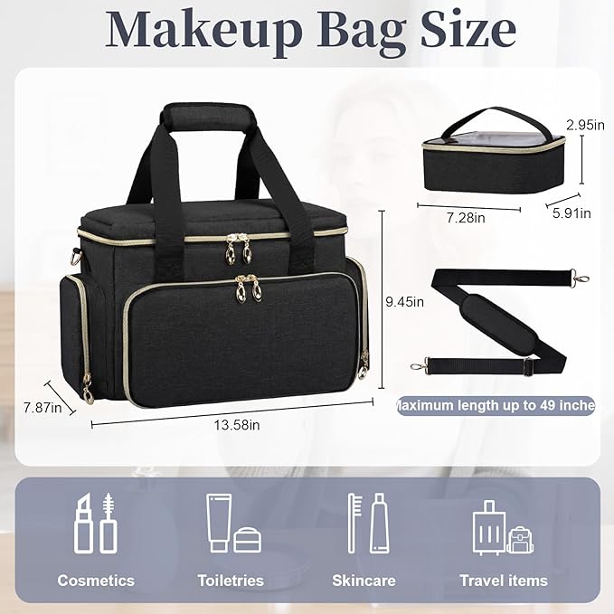 GDNasist Large Makeup Bag, Portable Travel Makeup Bag Organizer for Women Girls with 2 Removable Pouches & Detachable Dividers, Cosmetic Travel Bag, Toiletry Bag for Makeup and Hair Supplies Black
