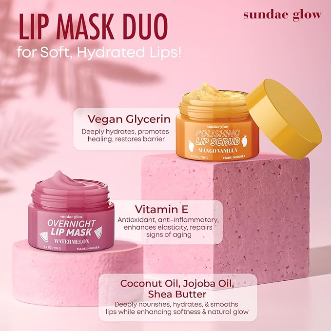Sundae Glow Lip Mask & Scrub – Watermelon, Mango & Vanilla – Hydrates, Exfoliates, Softens & Repairs Dry, Cracked Lips – Dermatologist Tested, Korean Skin Care – Vegan, Clean Beauty – Duo Pack