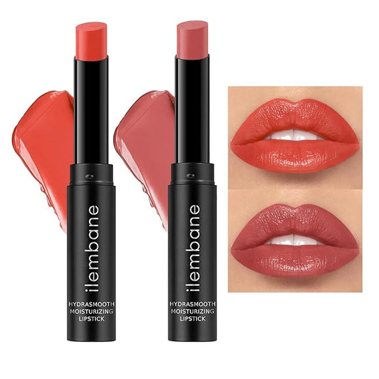2-Pack Moisturizing Coral Red & Nude Lipstick Set – Hydrating Creamy Lip Color for Dry, Cracked Lips, Weightless Glossy Lip Balm with Vitamin E, Long-Lasting Hydrating Vegan Lipstick（Coral + Lustre）