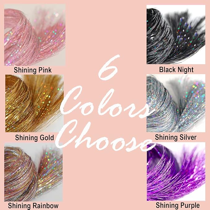 47" Holographic Hair Tinsel Shining Gold Professional Sparkle Heat-Resistant Silk Extensions, Hair Accessories for Girls, Party Hair, Gifts for Girls (6PCs Clip in Hair Tinsel Kit, Shining Pink)