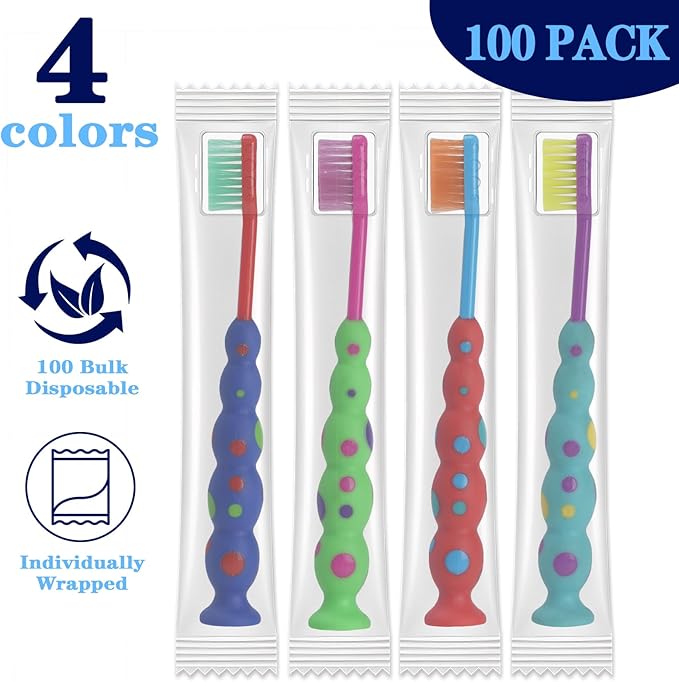 Newday 100 Pack Kids Toothbrush Bulk Soft Bristles Toddler Cute Toothbrush with Suction Cup, Includes Travel Covers, Individually Wrapped Toothbrushes for Kid Home School Daycare Camp (Candy)