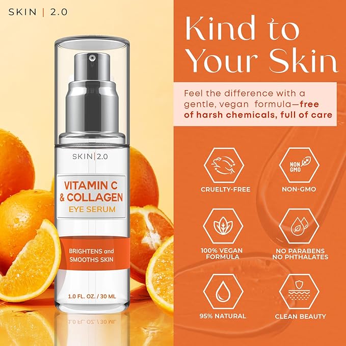 Skin 2.0 Vitamin C & Collagen Under Eye Serum – Dermatologist Tested, Anti Aging Korean Skin Care – Targets Dark Circles, Puffiness & Fine Lines for Smoother, Firmer Eyes – Vegan Clean Beauty, 1 fl oz