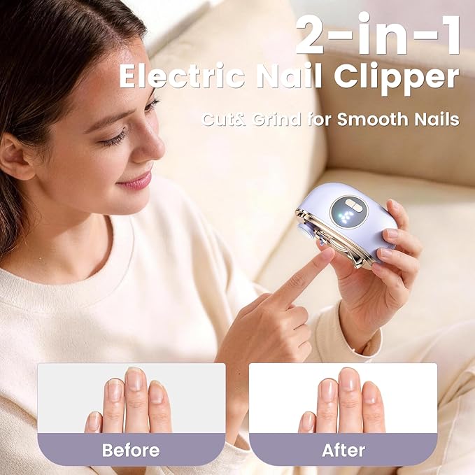 Electric Nail Clipper, 2 in1 Smart Toenail Clippers with Polishing for Fingers and Toes, Rechargeable Fingernail Trimmer with 3 Adjustable Speeds for Senior Adults Men Caregivers(Lightpurple)