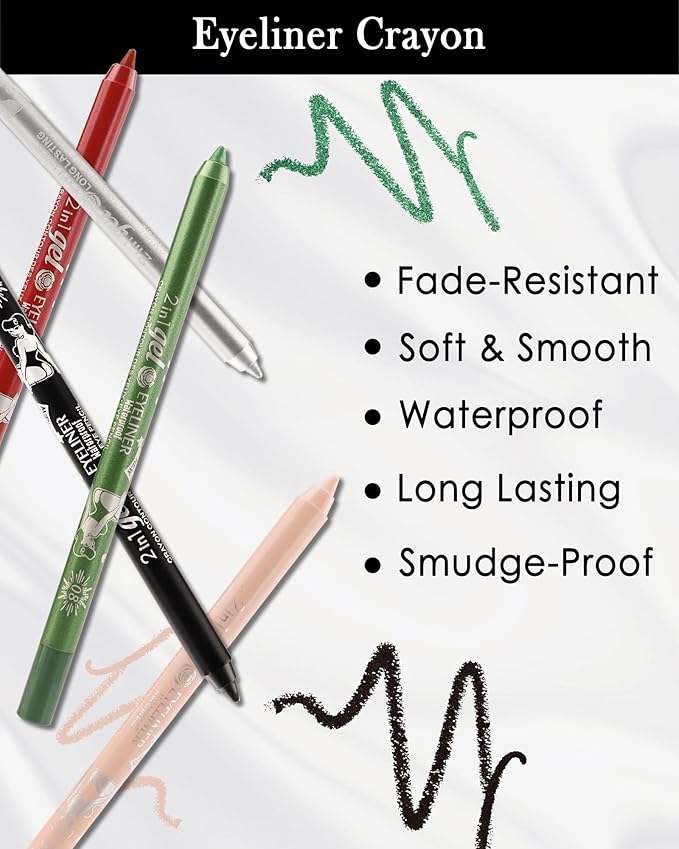 Black Brown Waterline Eyeliner Gel Pencil, Long Stay Eyeliner Waterline Waterproof Smudge-Proof, Safe for Sensitive Eyes, Eye Liner Brightener Pen with Sharpener, Soft Cream Rich Color Eye Makeup Pen