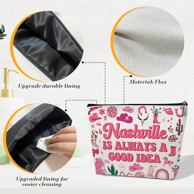 Ythuil Nashville Travel Makeup Bag, Nashville Lover Gift Cosmetic Bag, Country Music Themed Gifts For Traveller Women Friends Sister, Birthday Christmas Bachelorette Party Favors for Girl